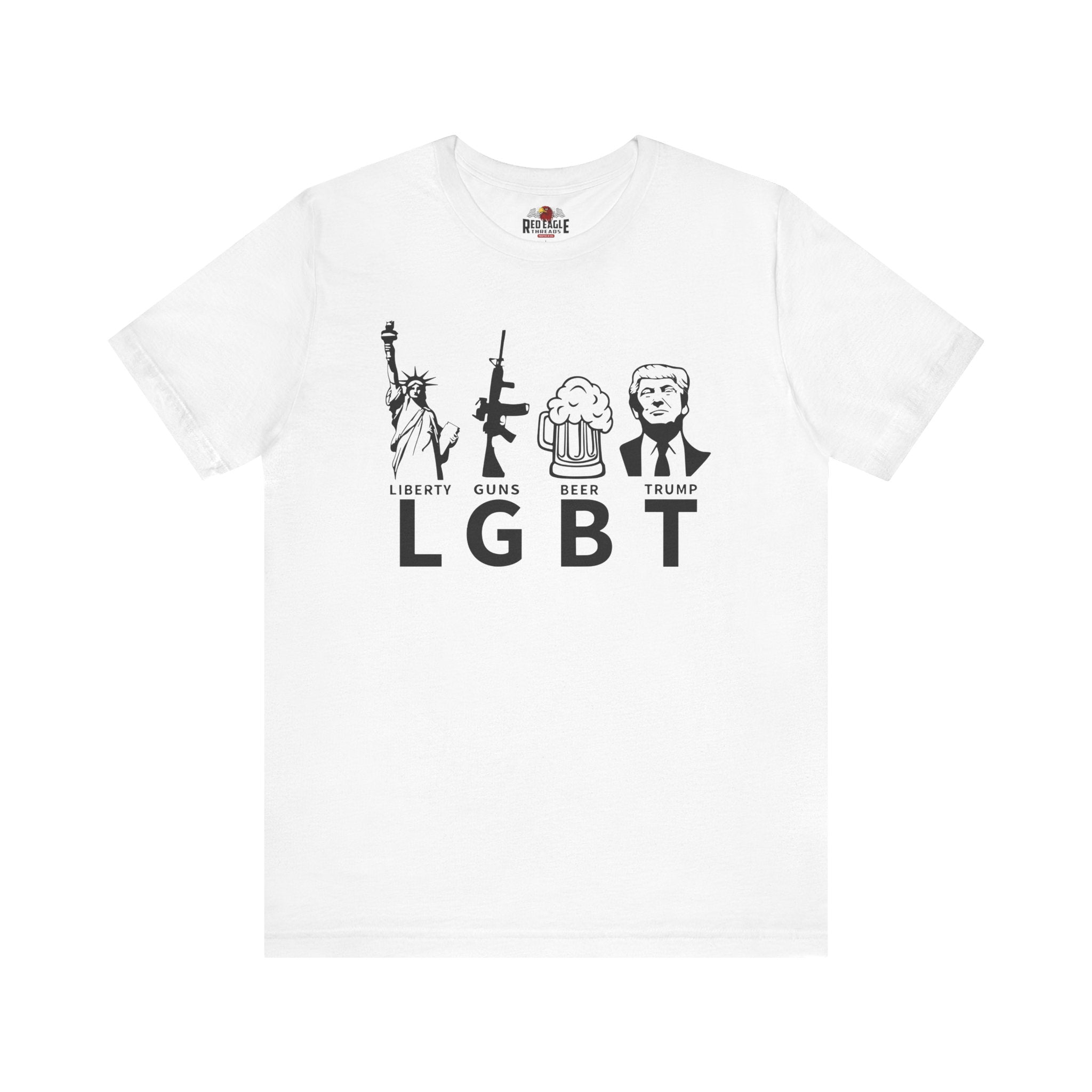 White t-shirt with black graphics and text on a white background