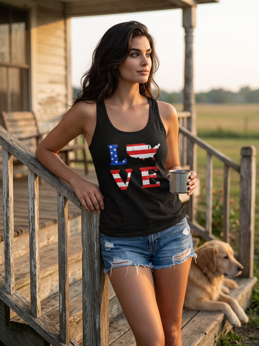 A woman stands on a rustic wooden porch wearing a black racerback tank top with a patriotic 'LOVE' graphic in red, white, and blue, paired with denim shorts. A golden retriever lies on the porch steps in the background, and a warm sunset light illuminates the scene.