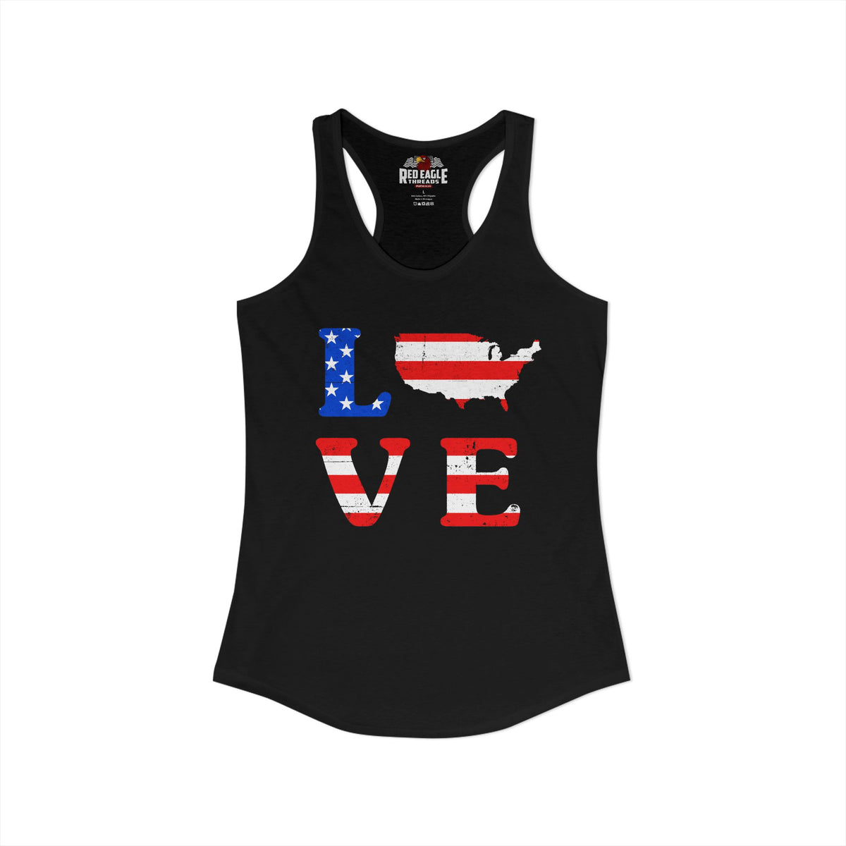 Black tank top with American flag design on a white background