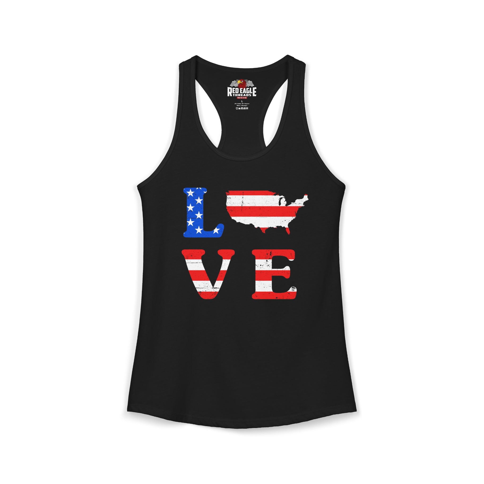 Black tank top with 'LOVE' design featuring an American flag on a white background