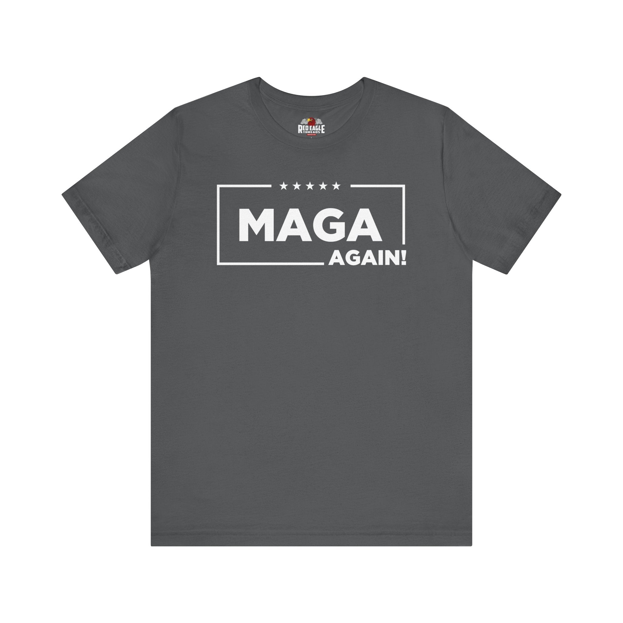 Asphalt t-shirt with 'MAGA AGAIN!' text on a white background