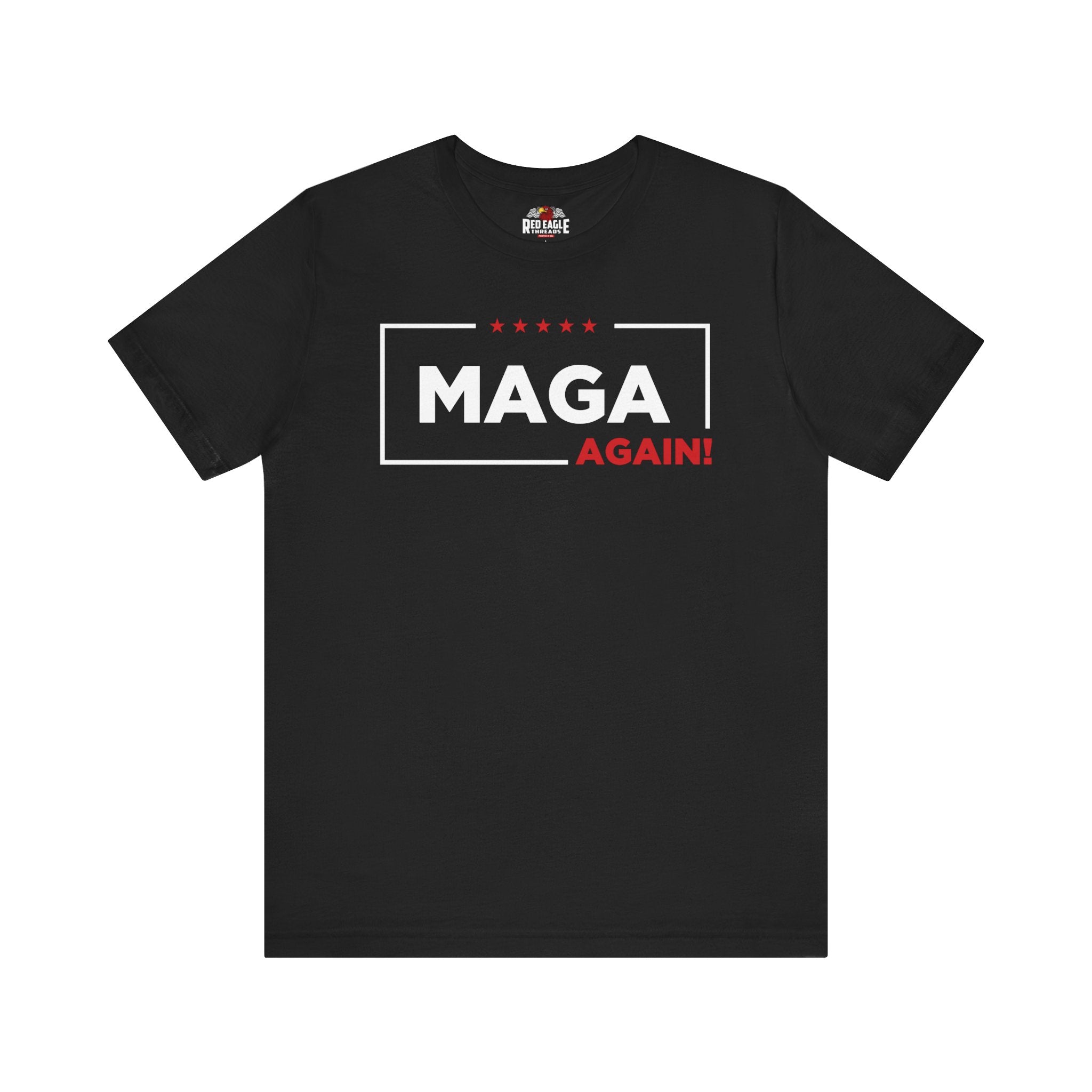 Black t-shirt with 'MAGA AGAIN!' text on a white background
