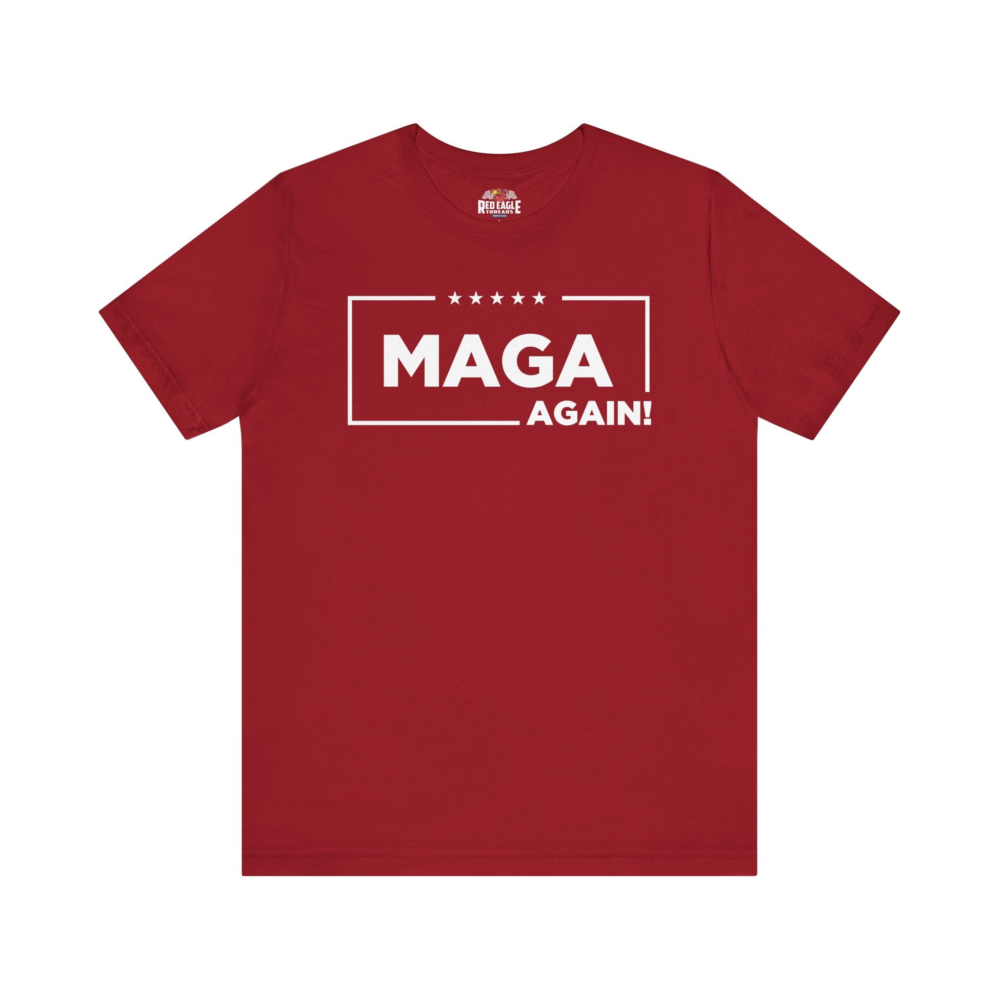 Red t-shirt with 'MAGA AGAIN!' text on a white background