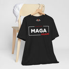 Black t-shirt with 'MAGA Again!' text on a white background