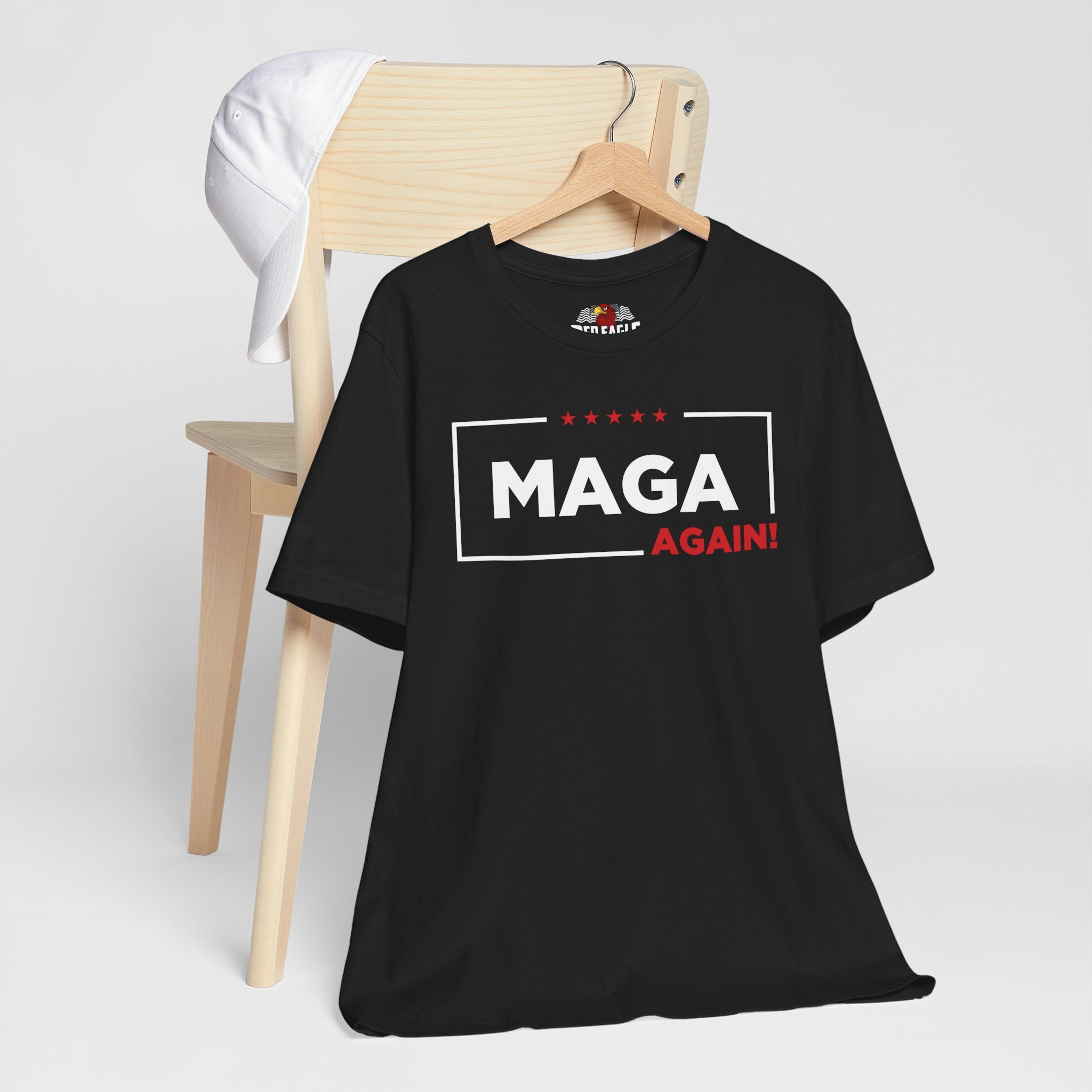 Black t-shirt with 'MAGA Again!' text on a white background