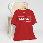 Red t-shirt with 'MAGA AGAIN!' text on a white background