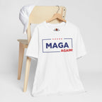 White t-shirt with 'MAGA Again!' text on a wooden chair against a white background