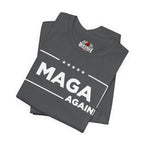 Asphalt t-shirt with 'MAGA Again!' text and Red Eagle Apparel logo on a white background