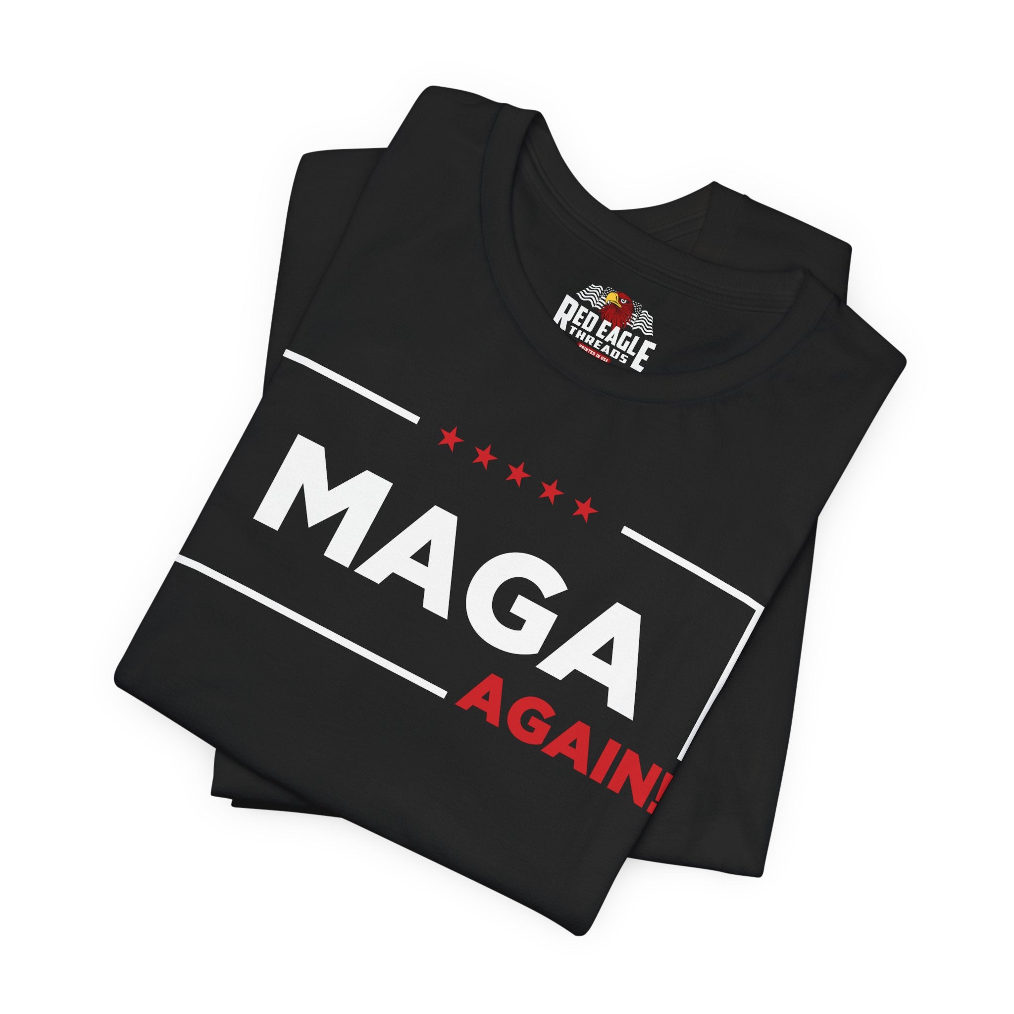 Black t-shirt with 'MAGA AGAIN!' text on a white background