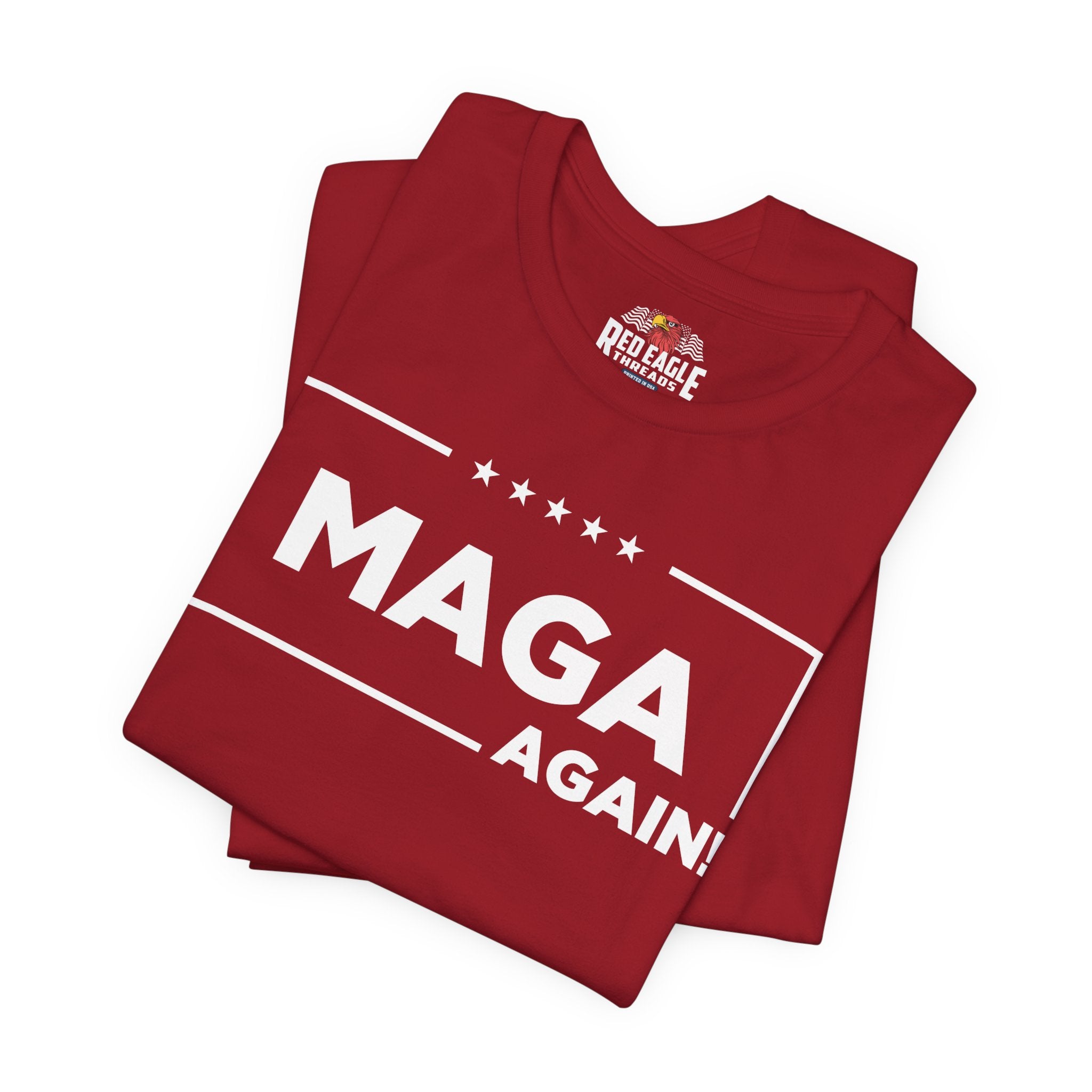 Red t-shirt with 'MAGA AGAIN!' text on a white background