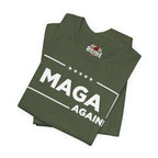Green t-shirt with 'MAGA AGAIN!' text on a white background