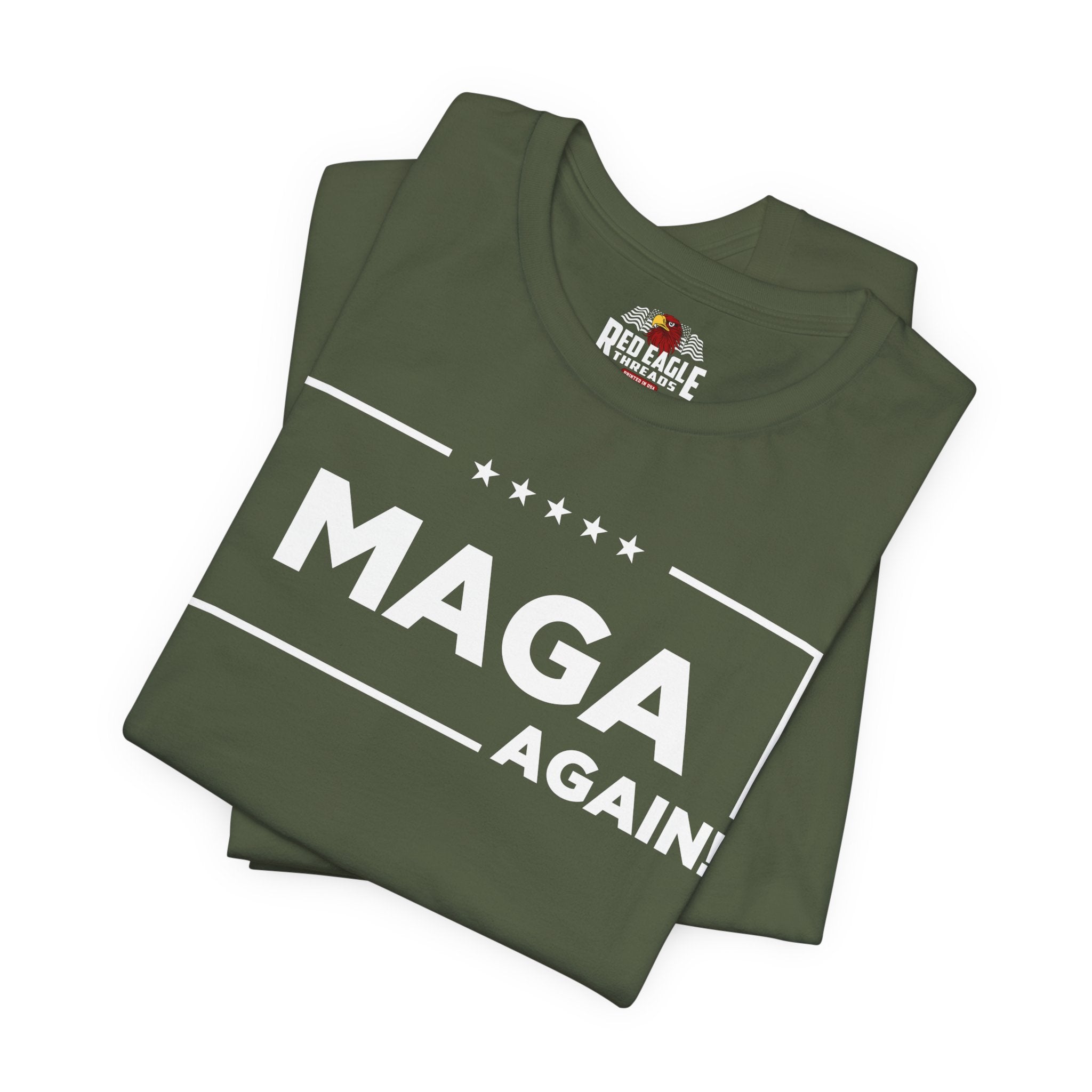 Green t-shirt with 'MAGA AGAIN!' text on a white background