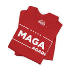 Red t-shirt with 'MAGA AGAIN!' text on a white background