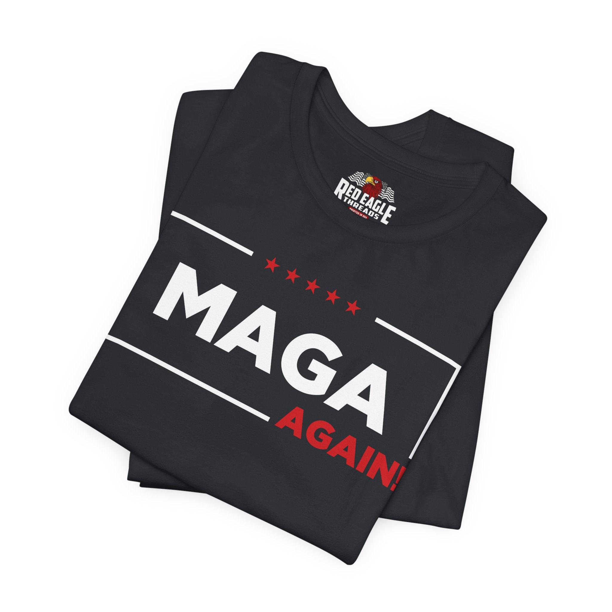 Vintage Black t-shirt with 'MAGA AGAIN' text on a white background
