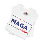 White t-shirt with 'MAGA AGAIN' text on a white background