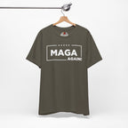 Military Green t-shirt with 'MAGA AGAIN!' text on a hanger against a white background