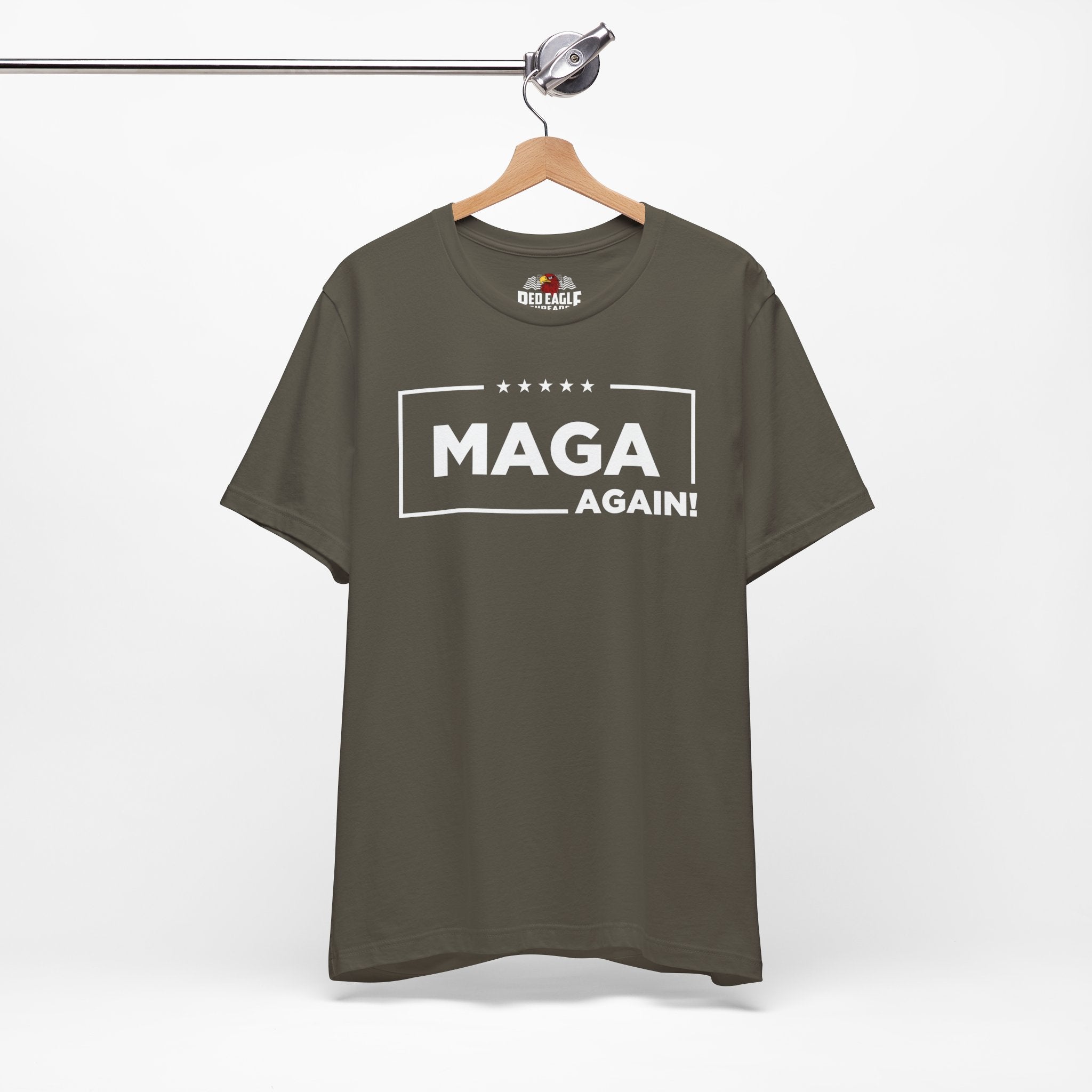 Military Green t-shirt with 'MAGA AGAIN!' text on a hanger against a white background