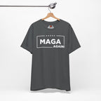 Asphalt t-shirt with 'MAGA AGAIN!' text on a hanger against a white background