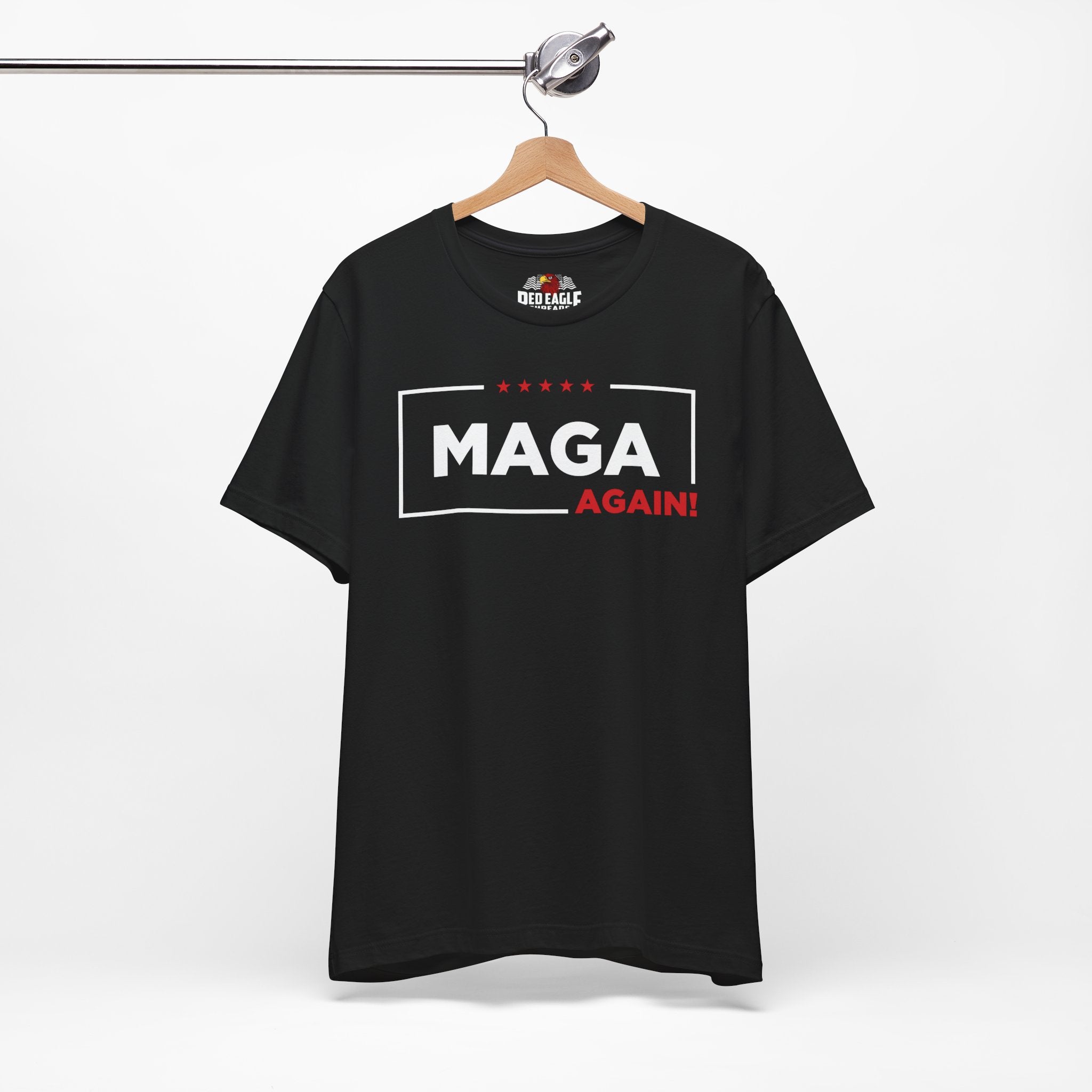 Black t-shirt with 'MAGA AGAIN!' text on a hanger against a white background