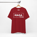 Red t-shirt with 'MAGA Again!' text on a hanger against a white background