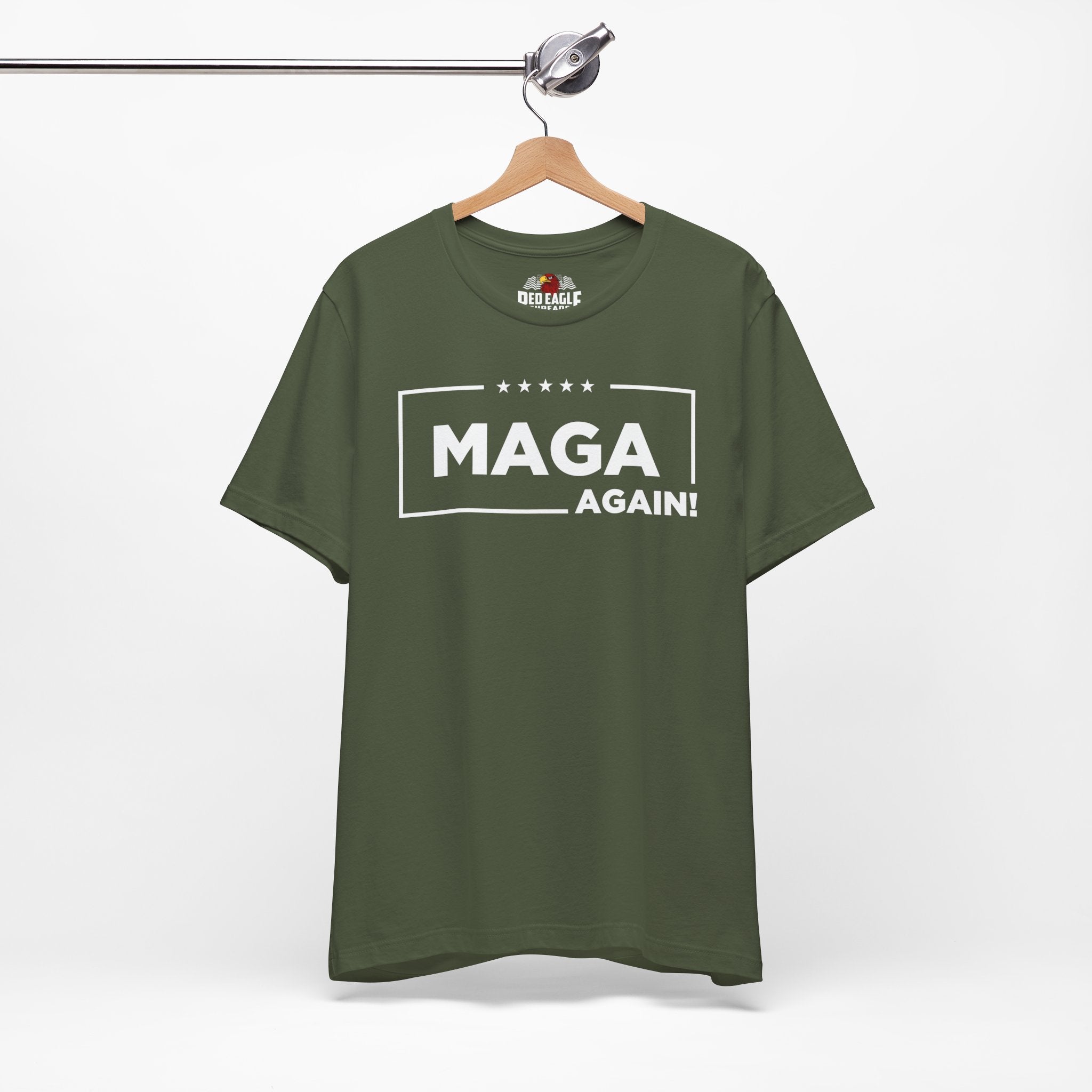 Military Green t-shirt with 'MAGA AGAIN!' text on a hanger against a white background