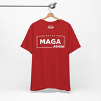 Red t-shirt with 'MAGA AGAIN!' text on a hanger against a white background