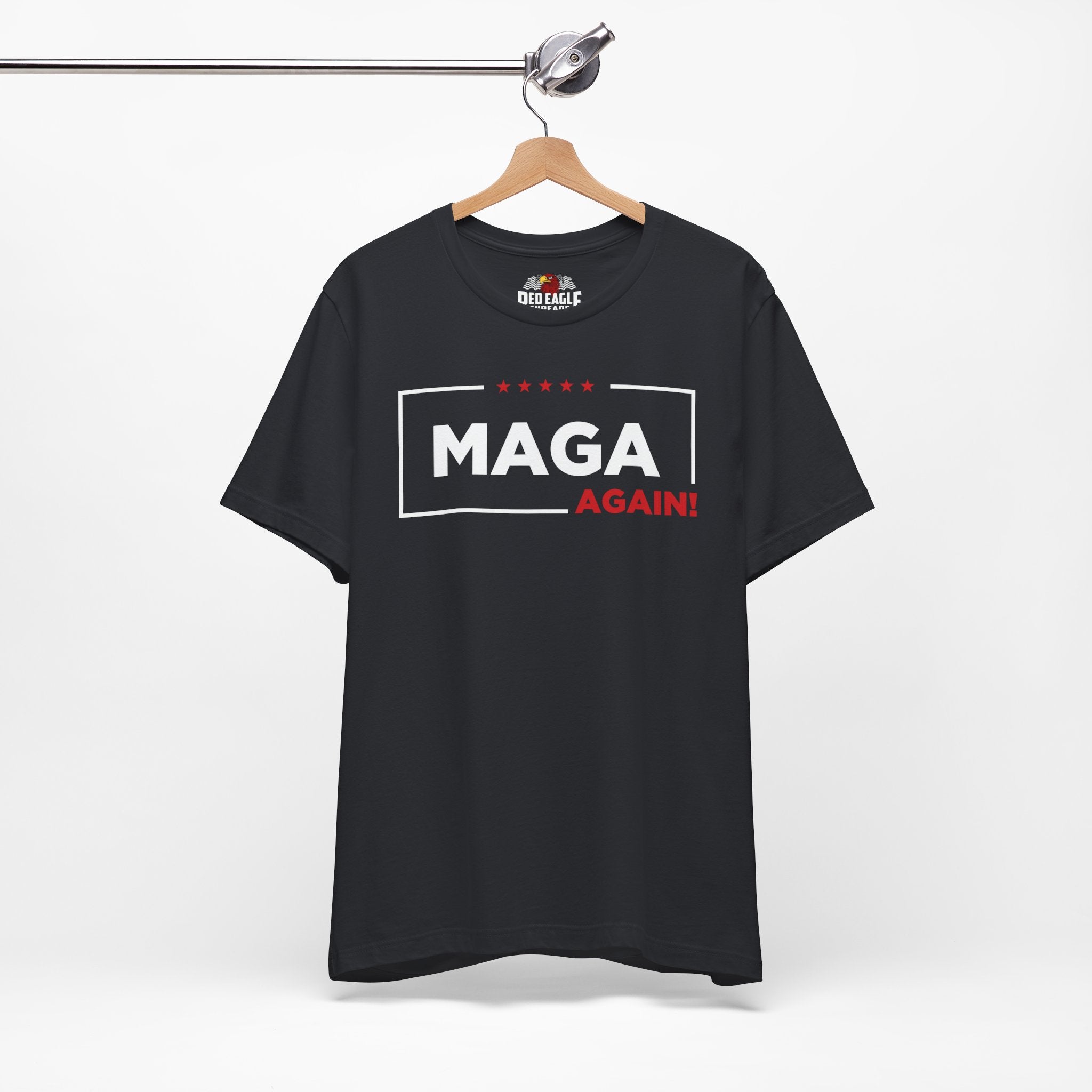 Vintage Black t-shirt with 'MAGA AGAIN!' text on a hanger against a white background