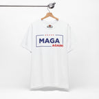 White t-shirt with 'MAGA AGAIN!' text on a hanger against a white background