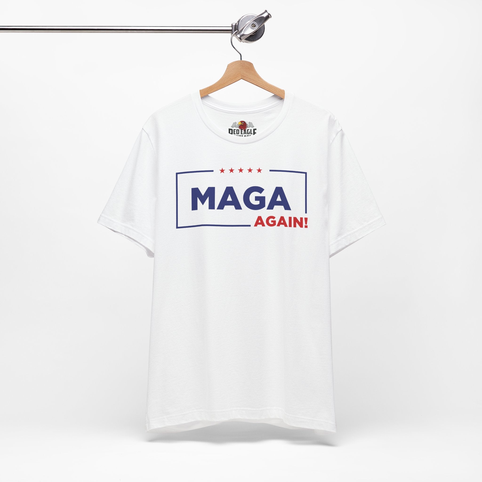 White t-shirt with 'MAGA AGAIN!' text on a hanger against a white background
