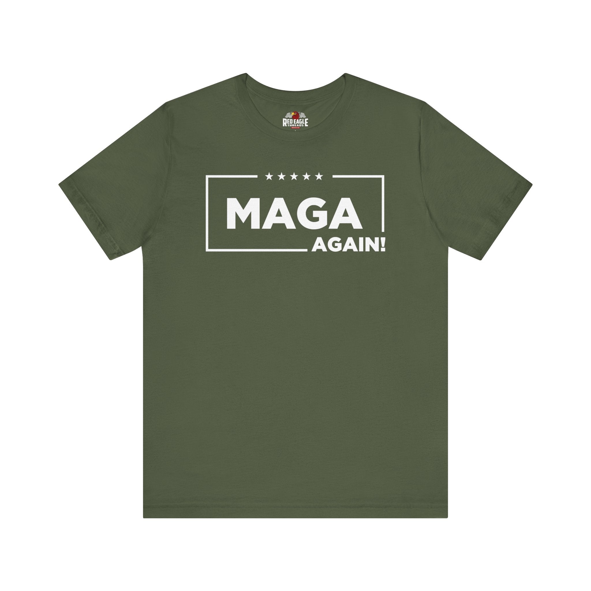 Military Green t-shirt with 'MAGA AGAIN!' text on a white background