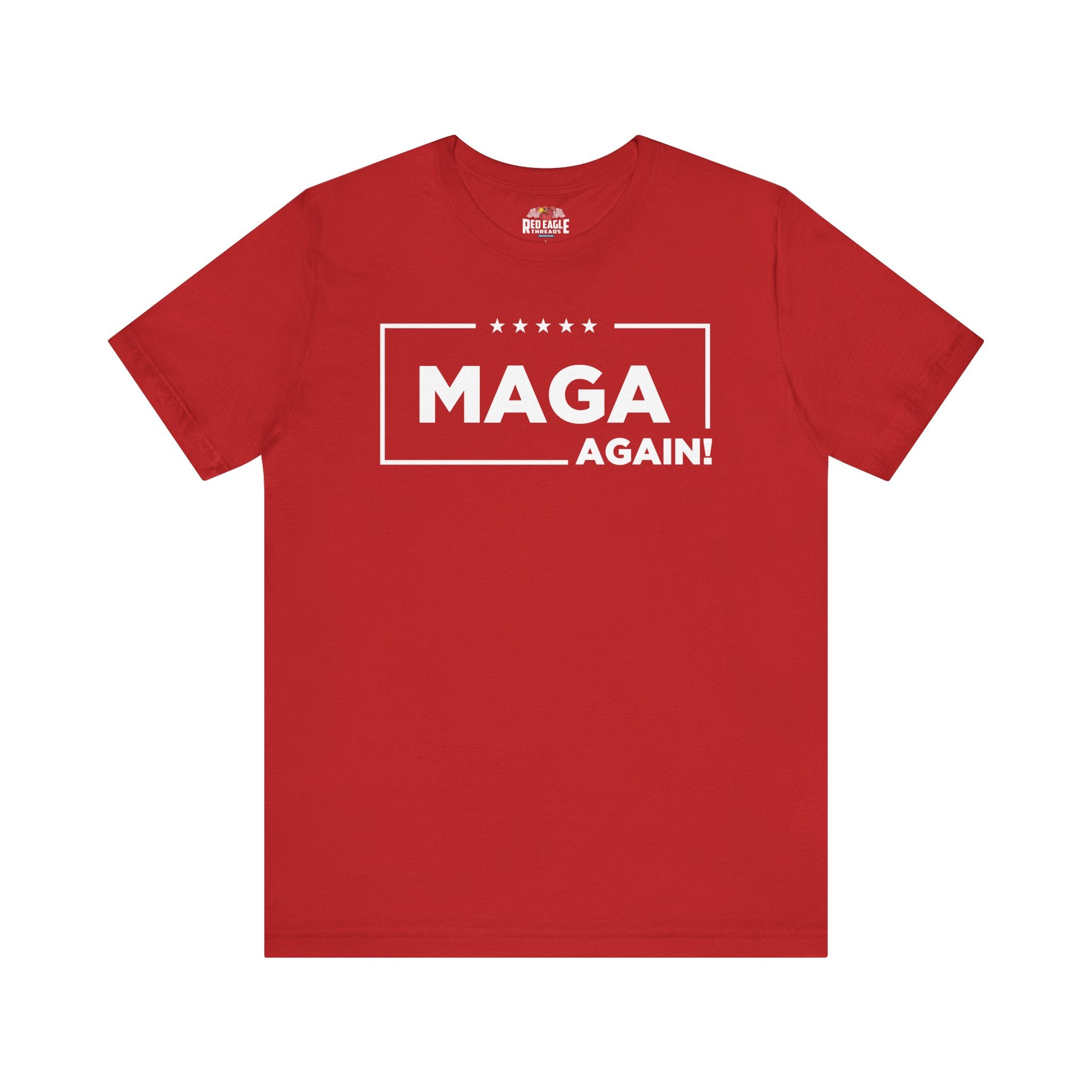 Red t-shirt with 'MAGA AGAIN!' text on a white background
