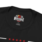 Black t-shirt with Red Eagle Threads logo on a white background