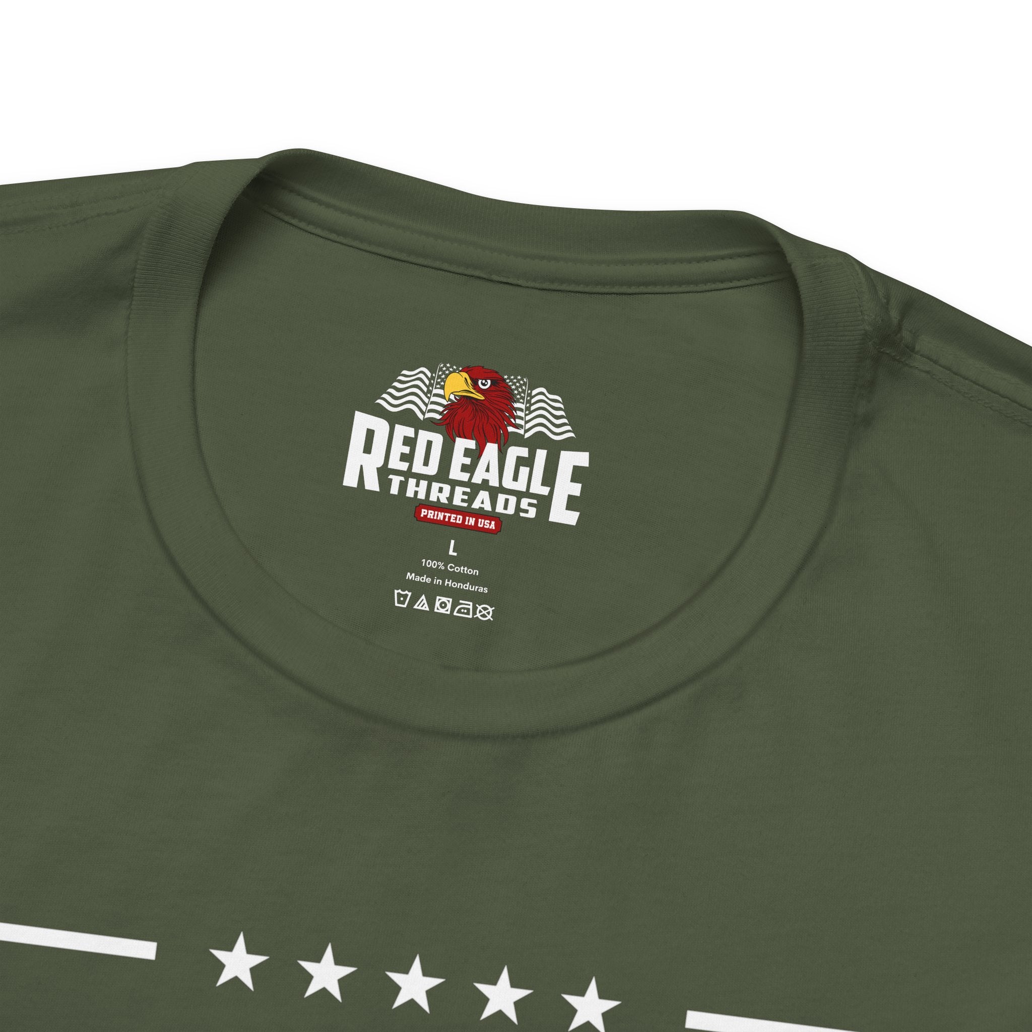 Green t-shirt with Red Eagle Threads logo on a white background