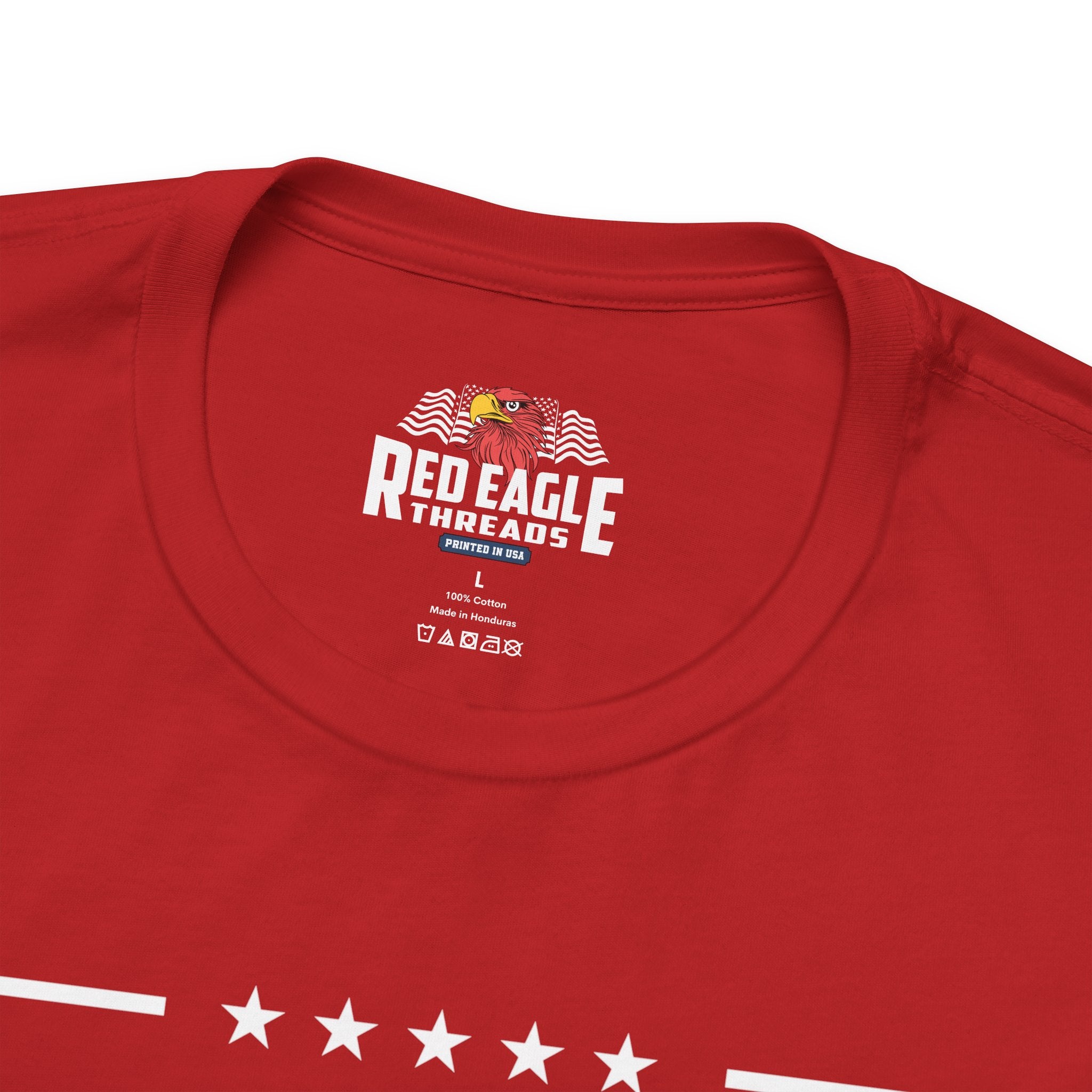 Red t-shirt with 'Red Eagle Treads' logo and design on a white background