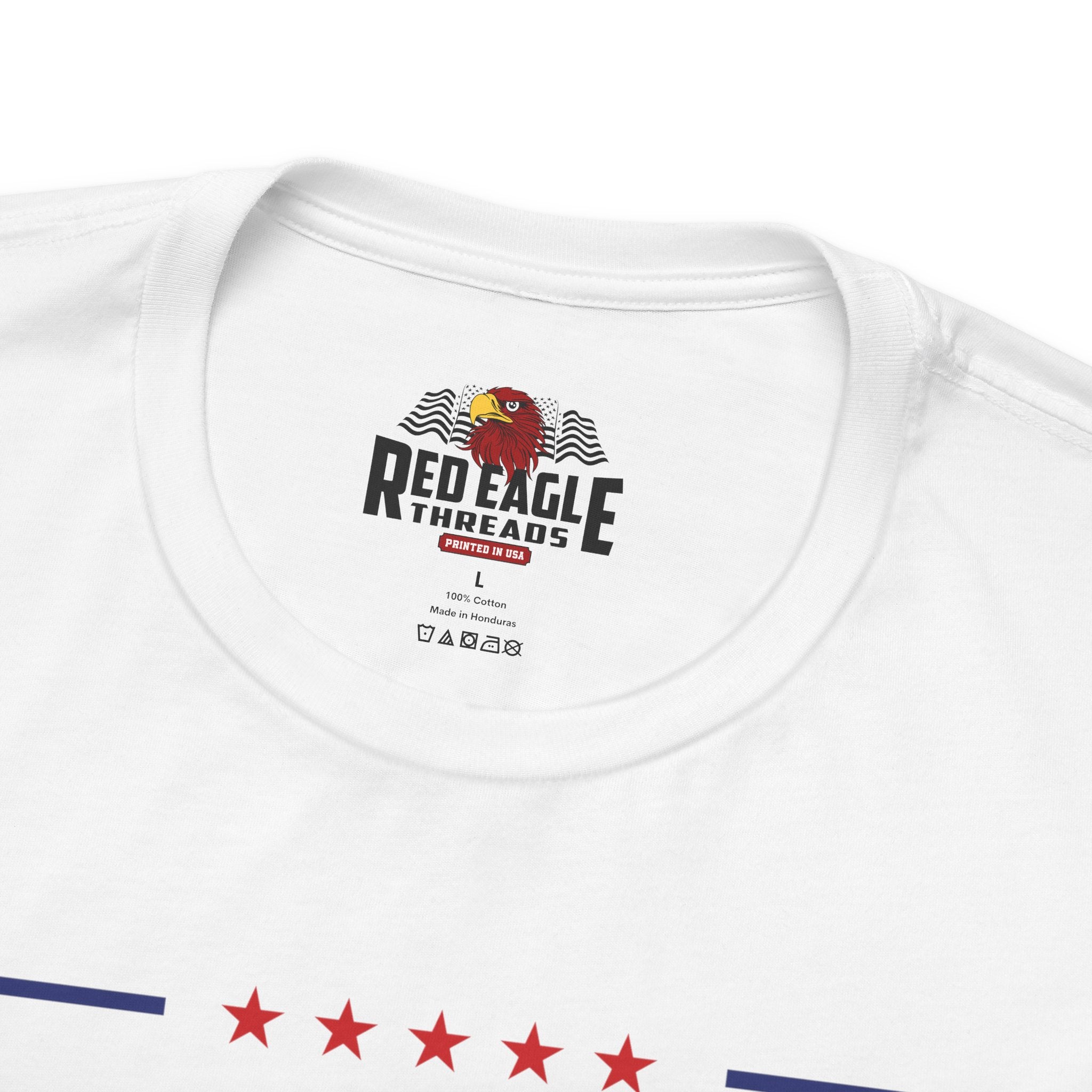 White t-shirt with Red Eagle Threads logo and design on a white background