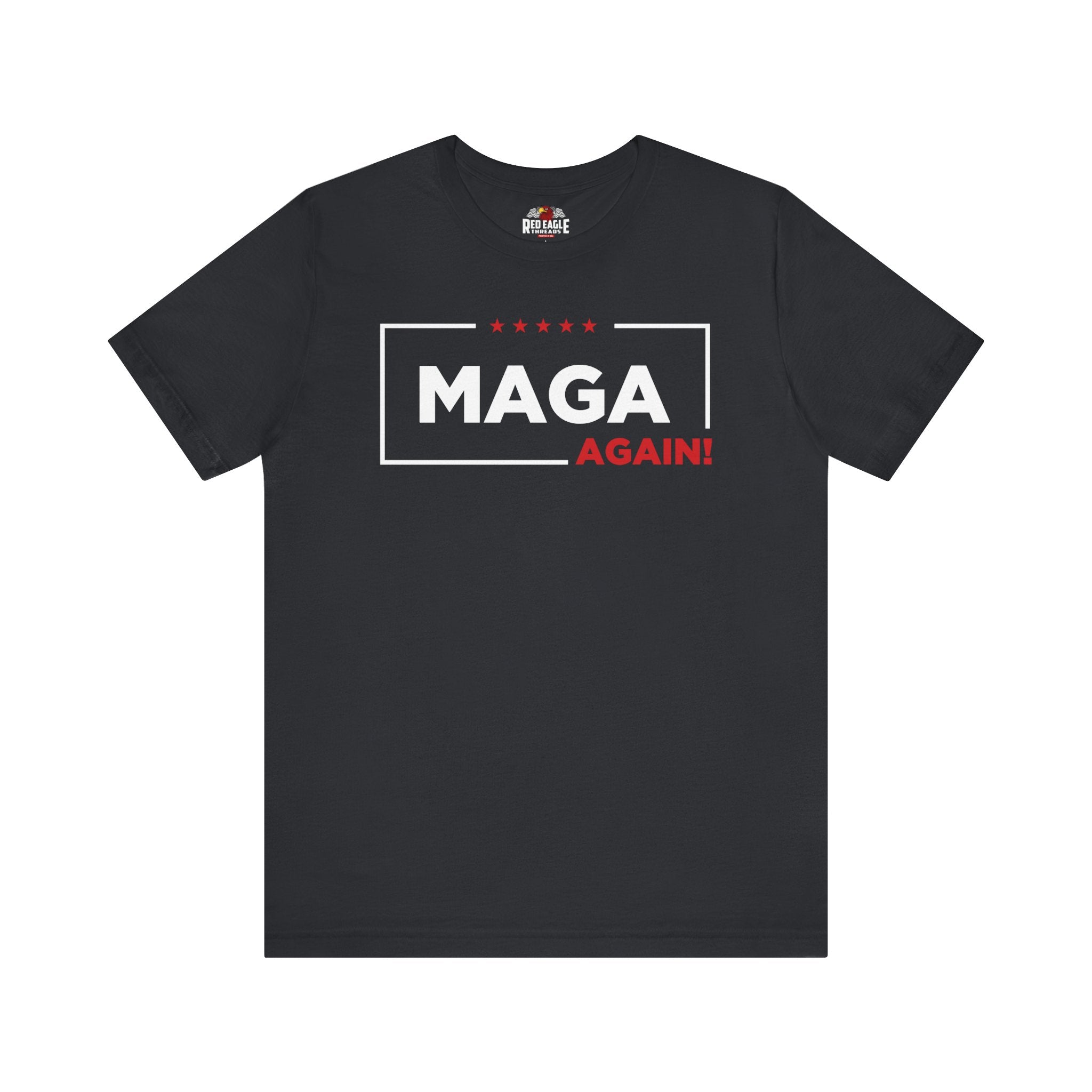 Black t-shirt with 'MAGA AGAIN!' text on a white background
