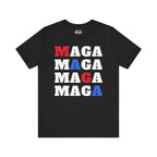 Black t-shirt with 'MAGA' text in red, white, and blue on a white background