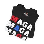Black t-shirt with 'MAGA' in red, white, and blue on a white background