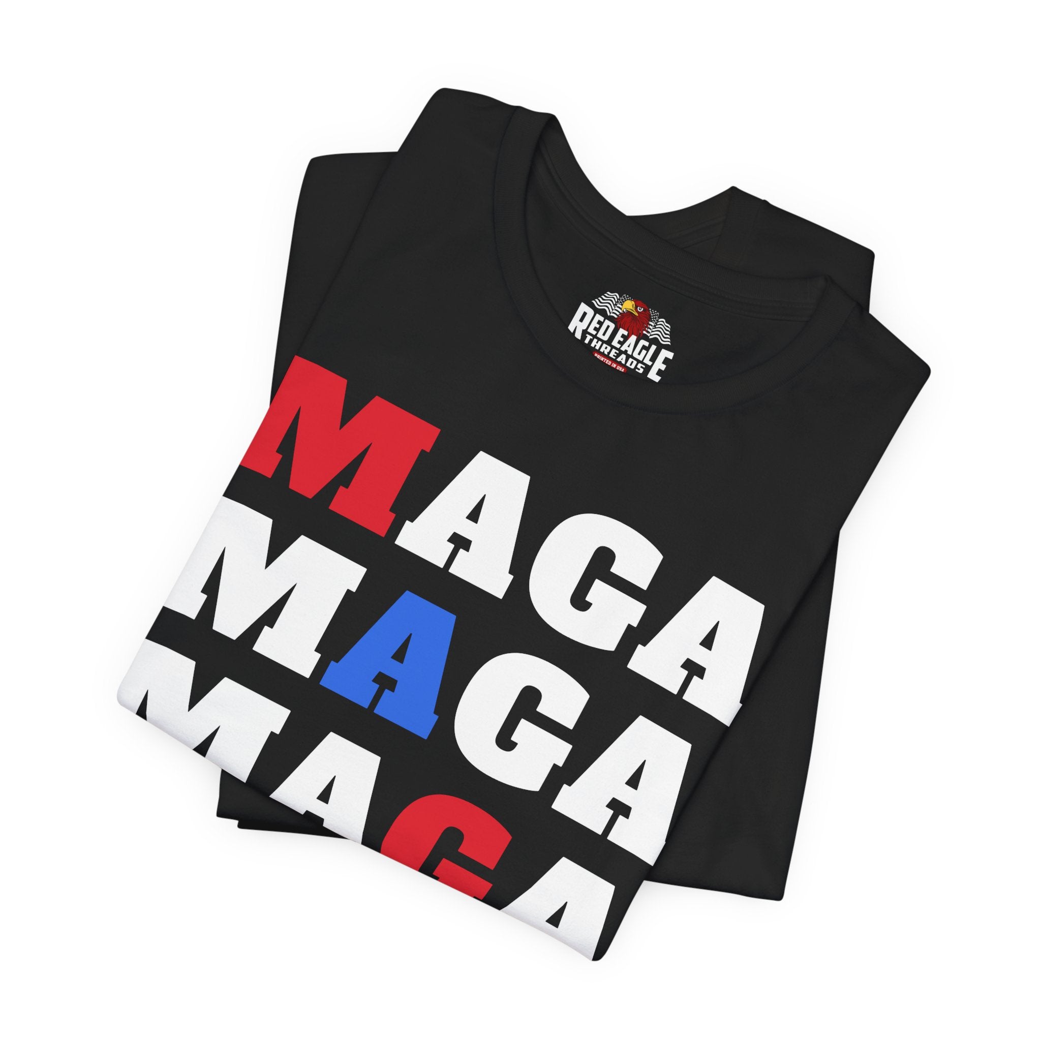 Black t-shirt with 'MAGA' in red, white, and blue on a white background