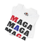 White t-shirt with 'MAGA' printed in red, black, and blue on a white background