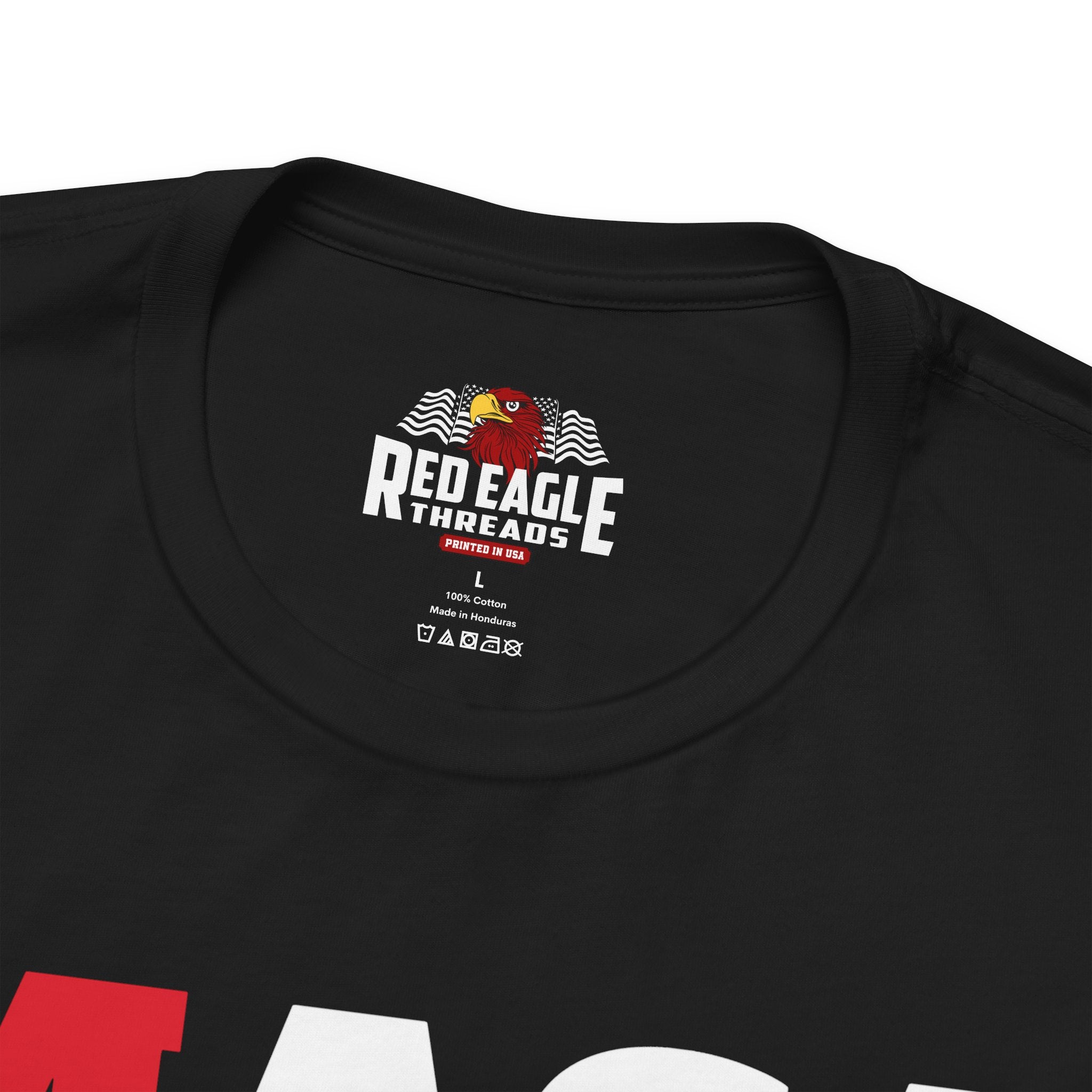 Black t-shirt with Red Eagle Threads logo on a white background