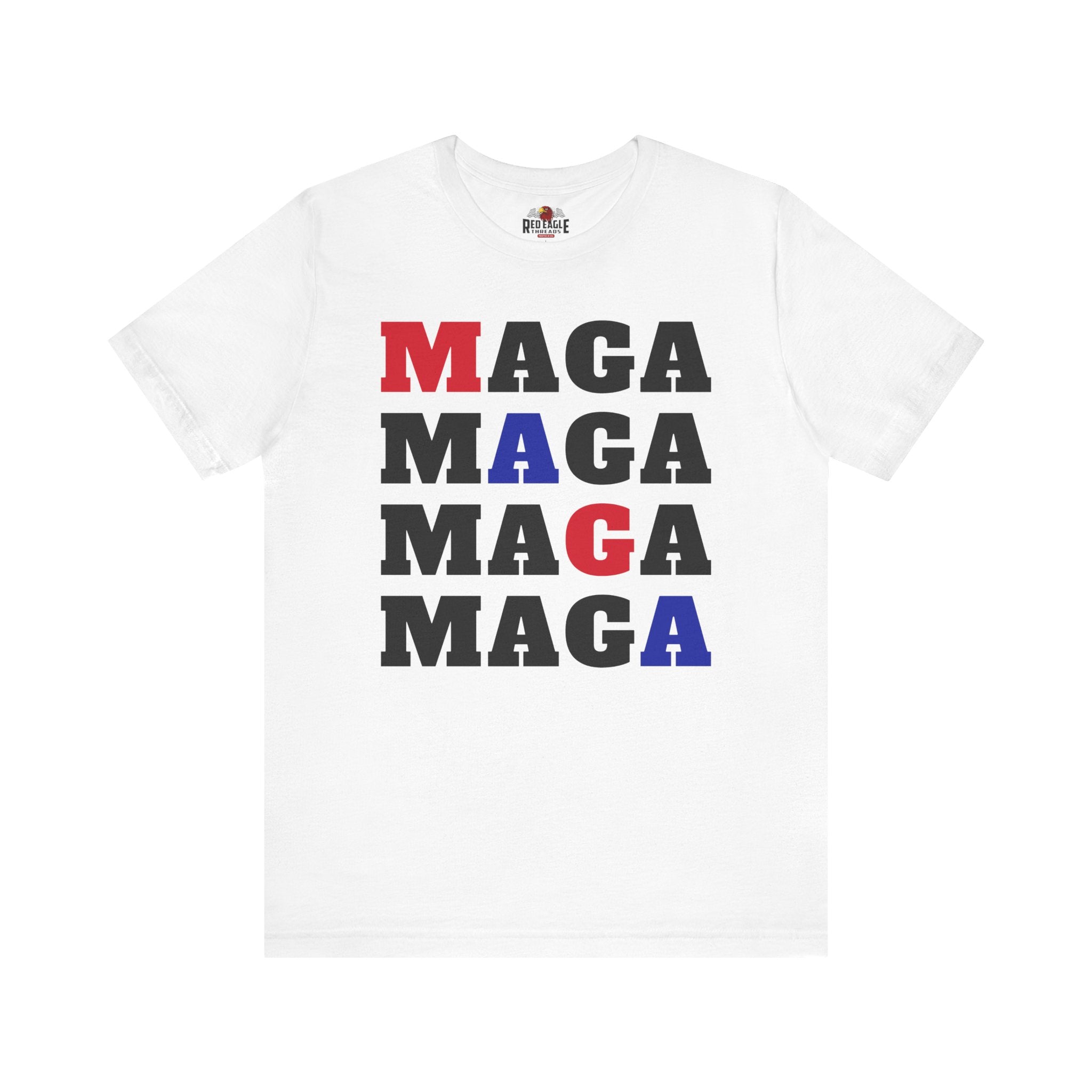 White t-shirt with 'MAGA' text in different colors on a white background