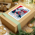 Gift box with a 'Make America Great Again' sticker on a festive background with cookies and Christmas decorations.