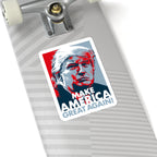 Skateboard with a 'Make America Great Again' sticker featuring a portrait.