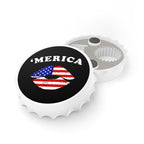 Bottle opener fridge magnet with 'MERICA' and American flag design on a white background