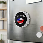 Bottle opener fridge magnet with 'MERICA' and American flag design on a refrigerator