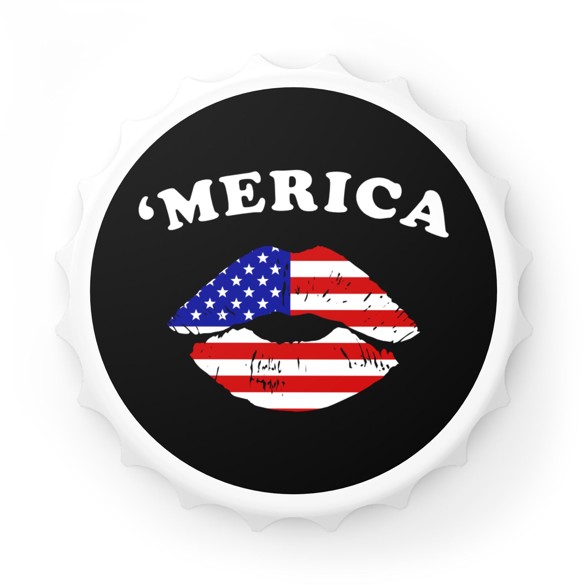 Bottle opener fridge magnet with 'MERICA' text and American flag design on a black background