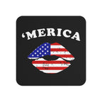 Black coaster with 'MERICA' text and American flag design on a white background