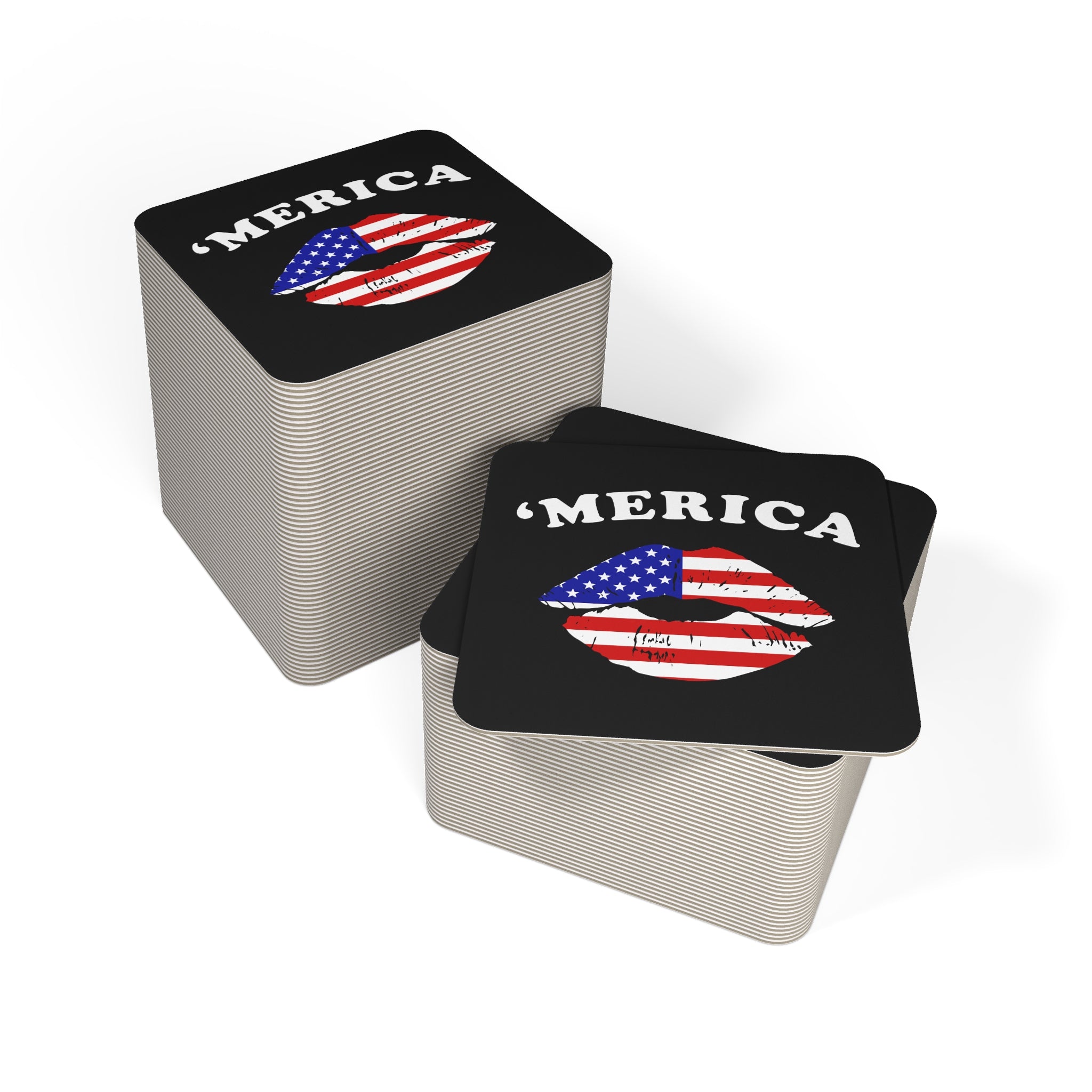 Stack of coasters with 'Merica' design on a white background