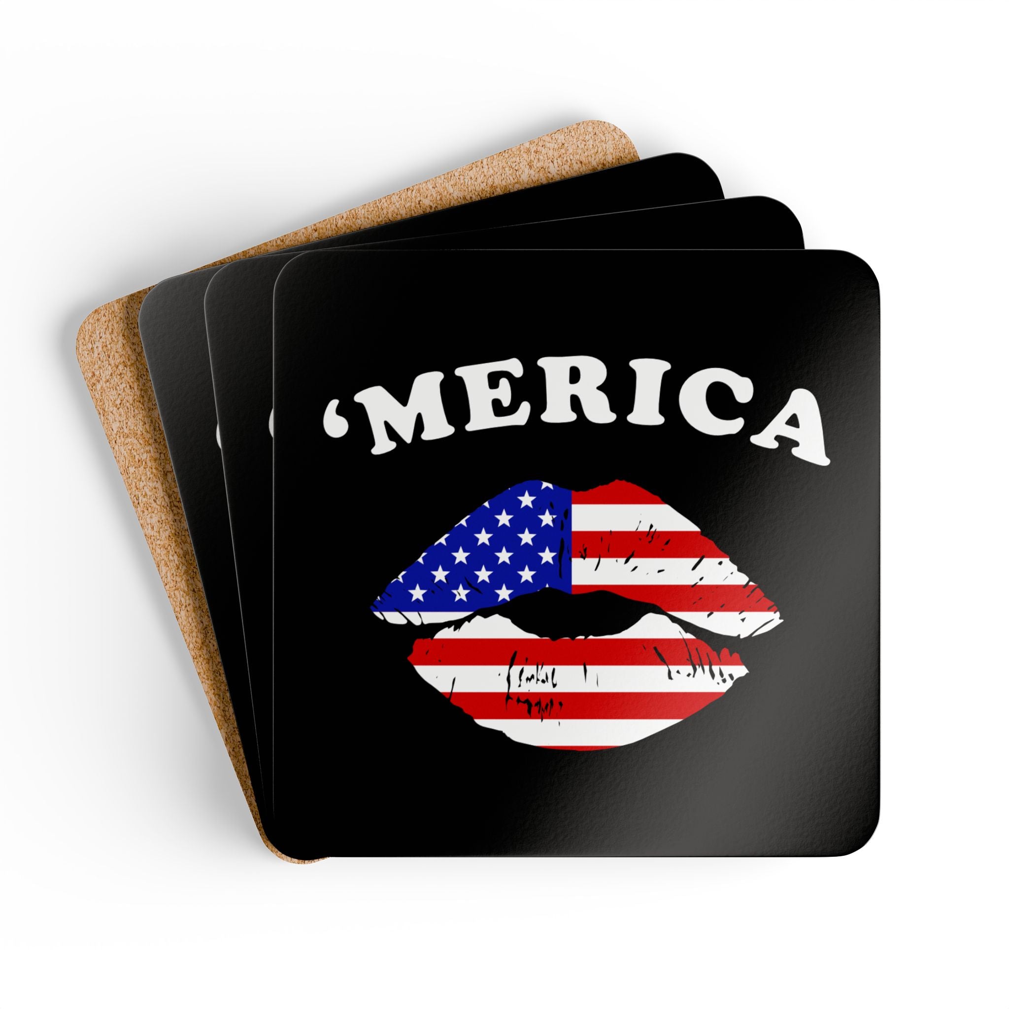 Set of coasters with 'Merica and American flag design on a black background